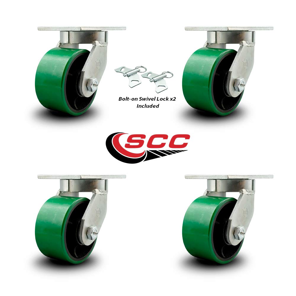 Extra Heavy Duty 6” x 3” Green Poly on Cast Iron Swivel Caster Set for Cranes, Gantries, Hoists, and Winches-4 Swivel with 2 Bolt on Swivel Locks-2,000 lbs Per Caster–Set of 4-Service Caster Brand