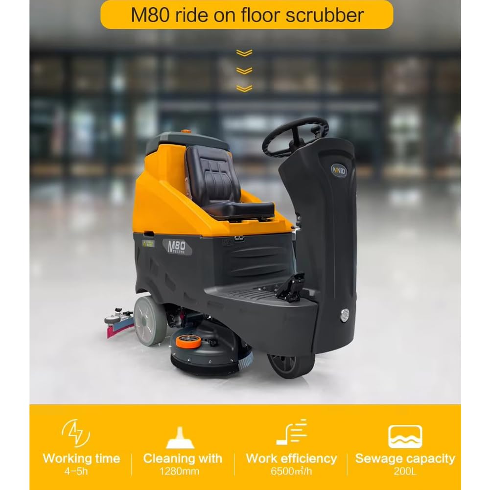 M80 Ride-On Floor Scrubber Machine, Complete Set of Parts, 5 Hours Continuous Working Time, 34.3 Gal Tanks, 59,200 Sqft/H Efficiency Commercial Floor Scrubber Machine