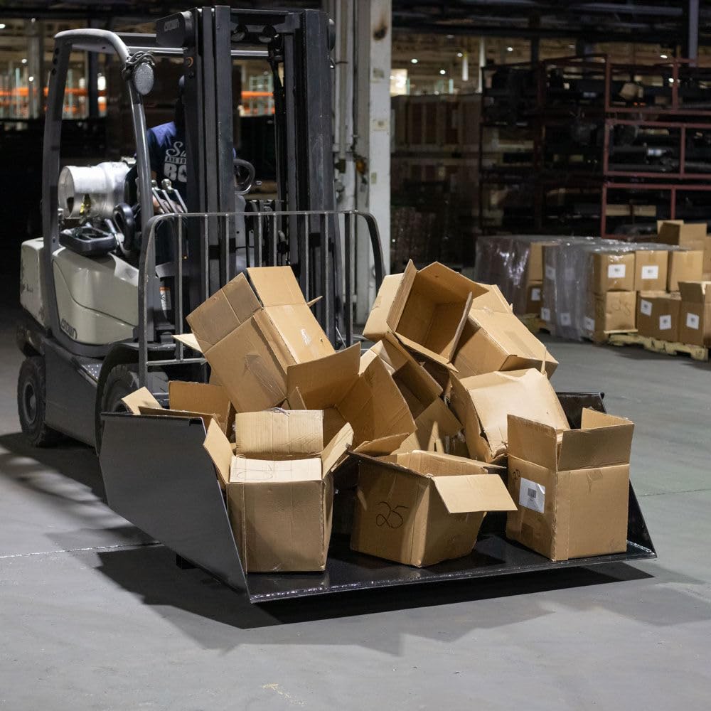 Titan Attachments Forklift Mounted Front Loading and Dumping Bucket, Manual Self Dumping Bucket, Dust Pan Design with Safety Chain and Dumping Pull Cord Included, Transport Snow Gravel, Sand, Brush