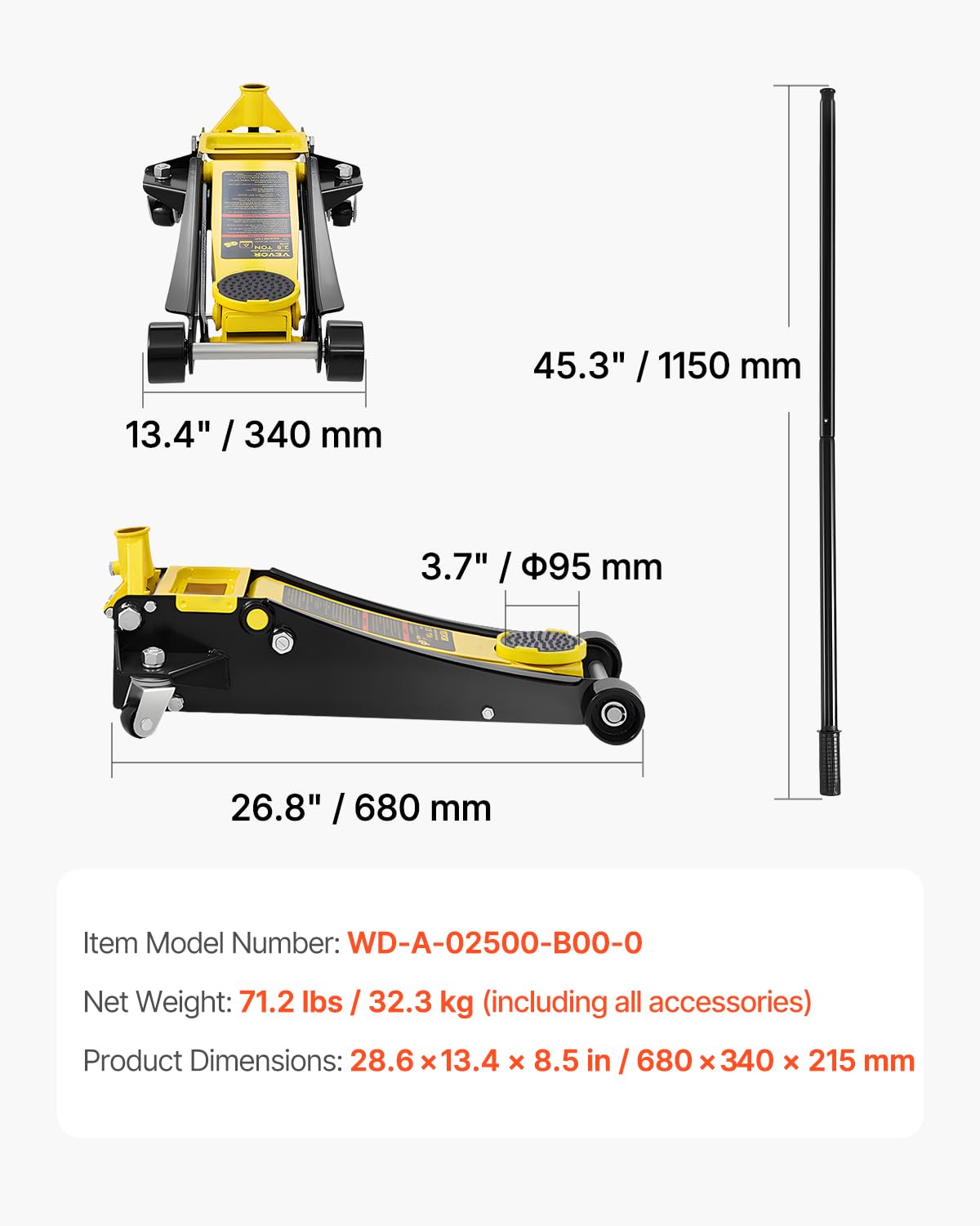 VEVOR 2.5 Ton Low Profile, Heavy-Duty Steel Racing Floor Jack with Dual Pistons Quick Lift Pump, Lifting Range 3.64"-19.49"