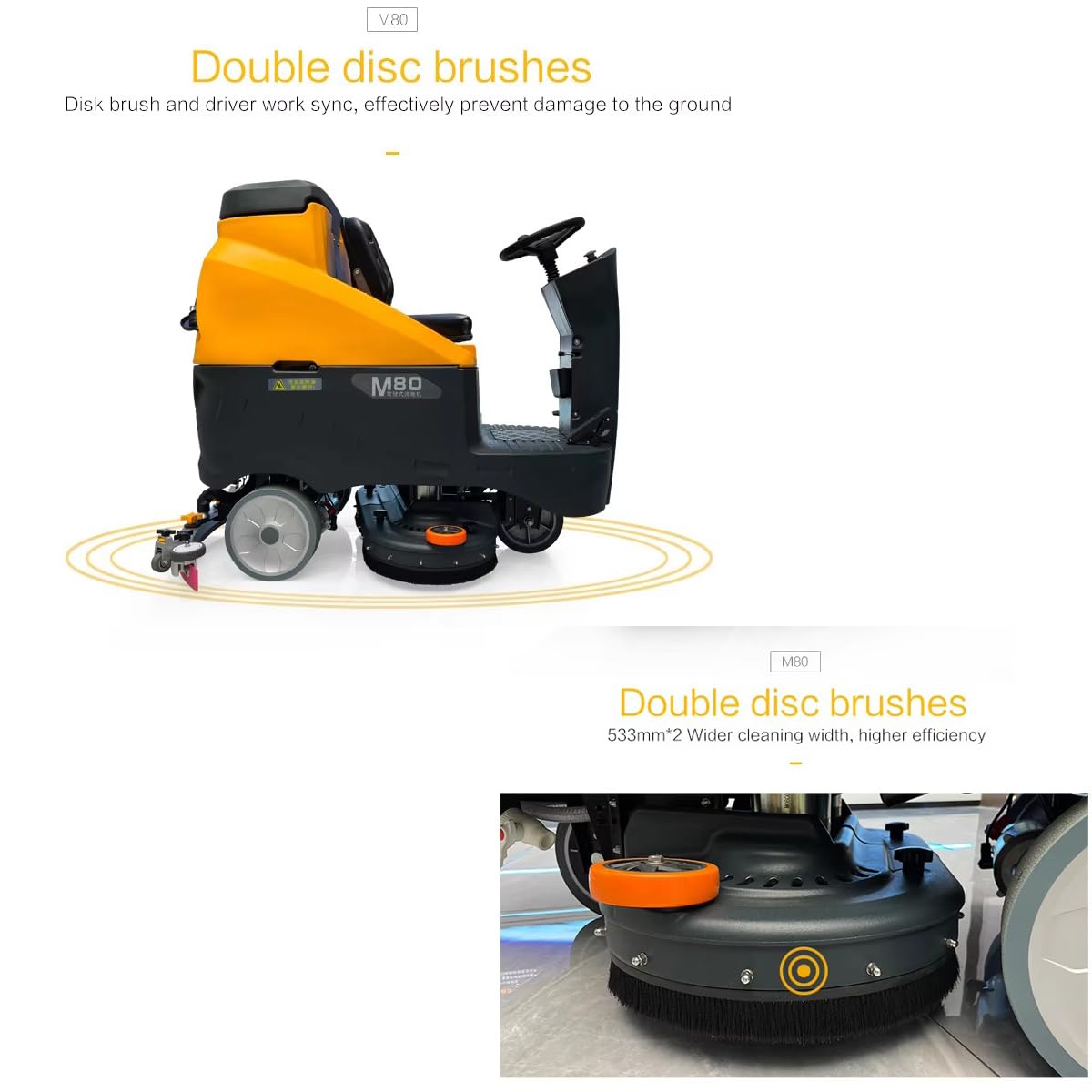 M80 Ride-On Floor Scrubber Machine, Complete Set of Parts, 5 Hours Continuous Working Time, 34.3 Gal Tanks, 59,200 Sqft/H Efficiency Commercial Floor Scrubber Machine