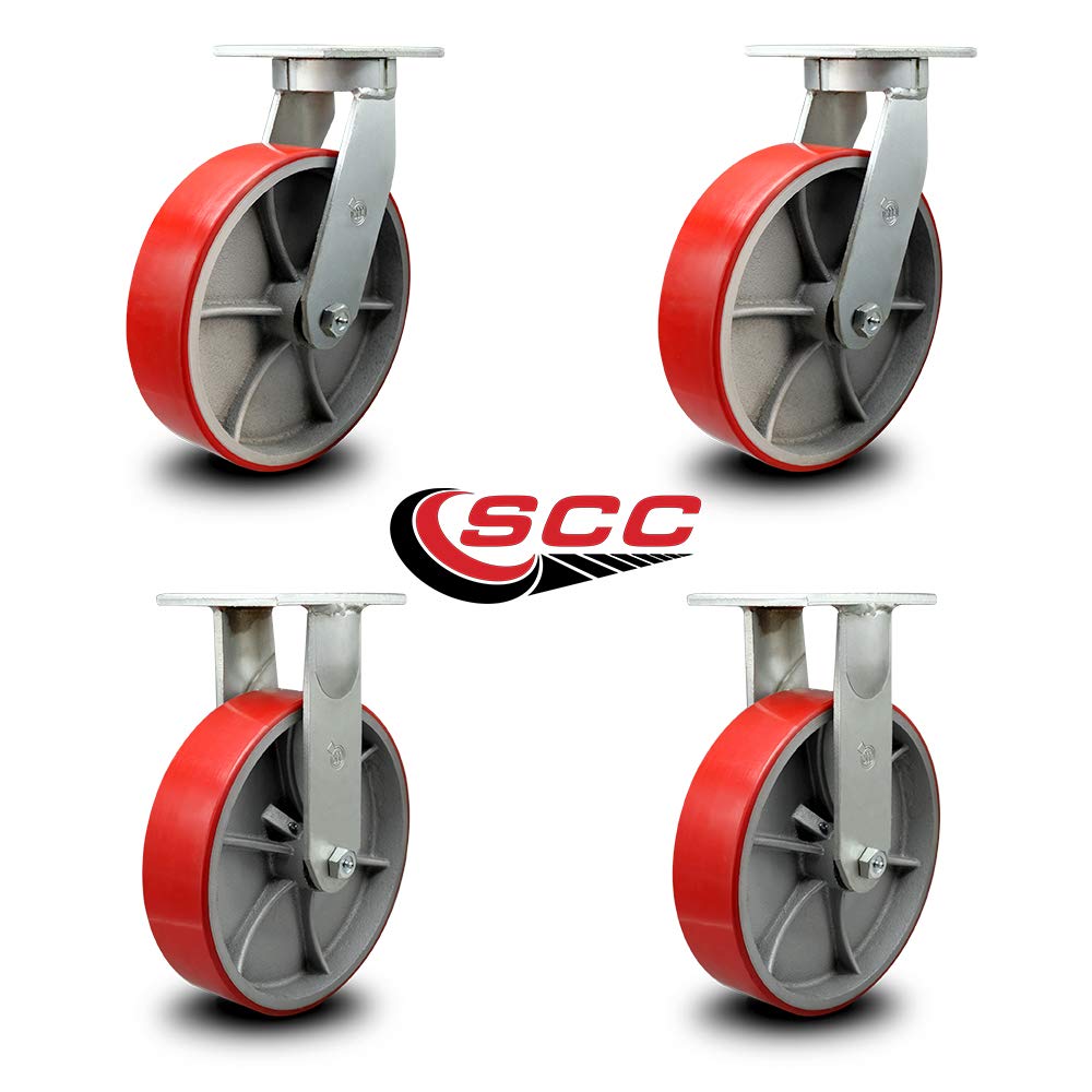 Extra Heavy Duty Kingpinless 12”x3” Red Poly on Cast Iron Swivel Caster Set for Cranes, Gantries, Hoists, and Winches-2 Swivel and 2 Rigid Casters-3,500lbs Per Caster-Set of 4-Service Caster Brand