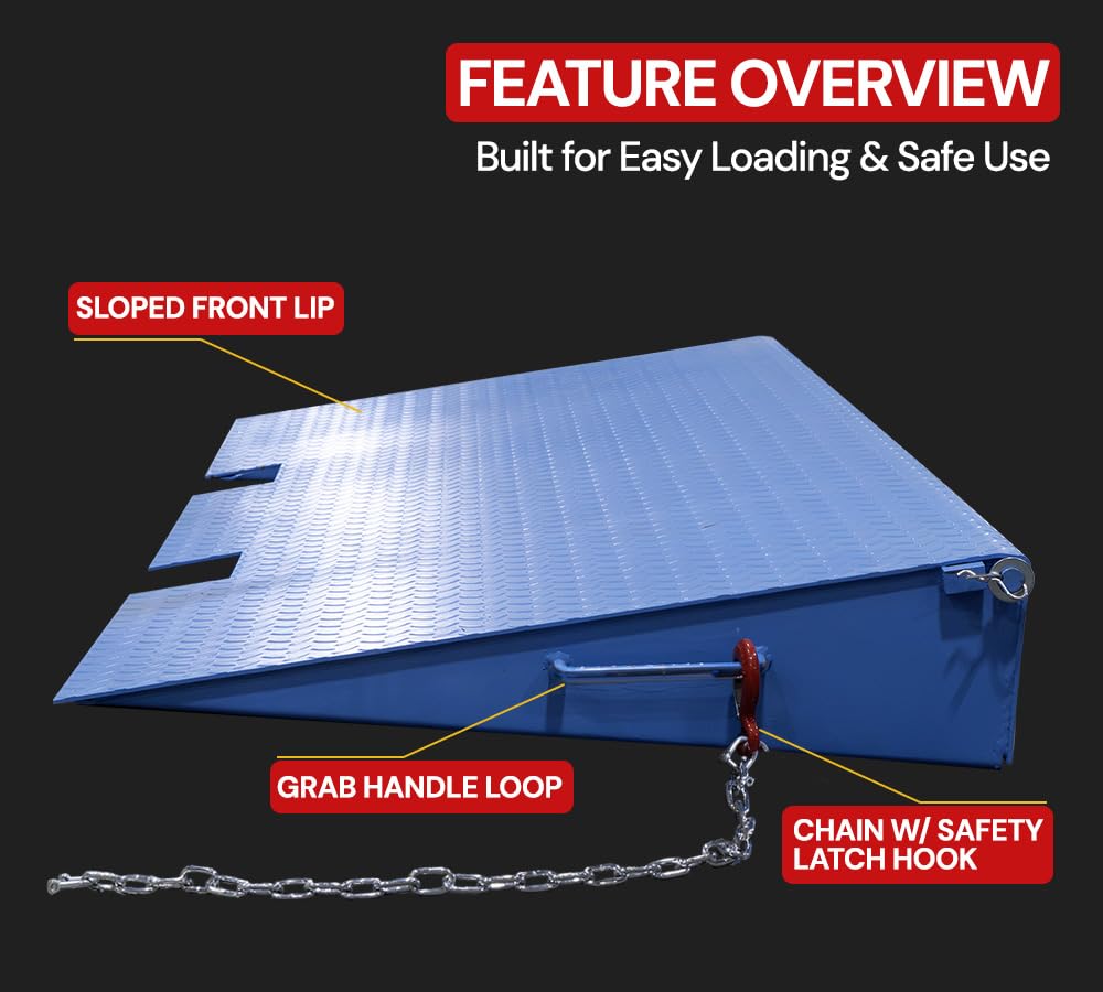 Mytee Products 71" x 88" Heavy Duty Foldable Shipping Container Ramp with Safety Chain & D Shackle - 14,000 Lbs WLL for Forklift & Hand Truck - Blue