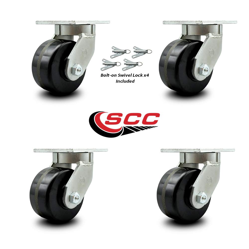 Extra Heavy Duty Kingpinless 6” x 3” Phenolic Swivel Caster Set for Cranes, Gantries, Hoists, and Winches - 4 Swivel Casters with Bolt-On Locks - 2,000 lbs Per Caster – Set of 4- Service Caster Brand
