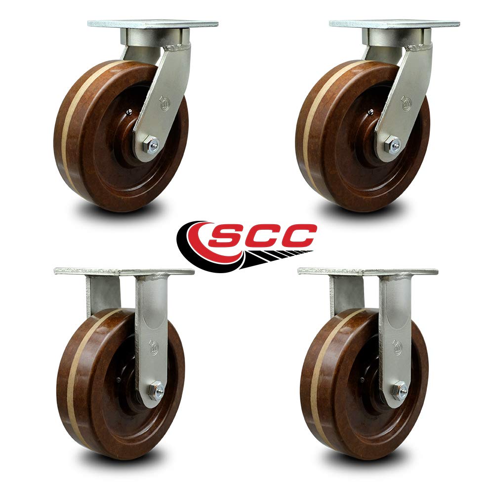 Extra Heavy Duty Kingpinless 12” x 3” High Temp Phenolic Swivel Caster Set for Cranes, Gantries, Hoists, and Winches-2 Swivel and 2 Rigid Casters-3,500 lbs Per Caster – Set of 4 - Service Caster Brand
