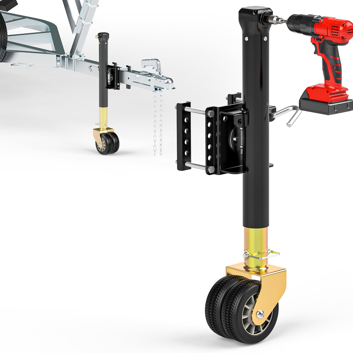 Upgraded Trailer Jack with Dual Wheel(Electric Drill Adjust), Adjustable 14”-42” Drop Leg, Universal Heavy-Duty RV Tongue Jack with 2000lbs Capacity, Bolt on Trailer Jack for Utility Yacht Boat