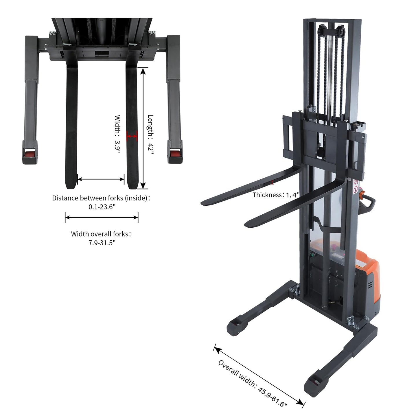 Tory Carrier Full Electric Pallet Stacker 3300 lb. Capacity 130'' Lift Height Walkie Forklift with Adjustable Forks and Legs, Material Lift with Gel Battery Suitable for Narrow Spaces