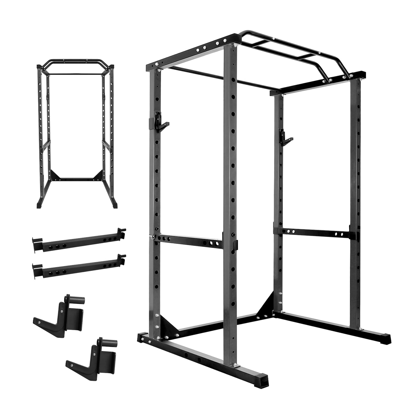 Space-Saving Power Cage for Small Home Gym, 1200 LBS Weight Capacity 2x2 Steel Squat Rack with Multi-Grip Pull Up Bar, Adjustable J-Hooks & Safety Bars for Full Body Workout, Smith Machine