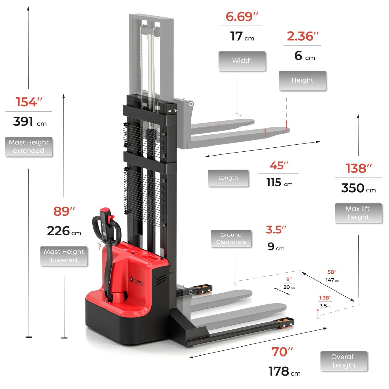 TEXLIFT Full Electric Forklift Walkie Pallet Stacker 3300 Lb Capacity 138 Inch Lifting Height and Industrial Manual Pallet Jack 5500 Lb Capacity 48” L x 27” W Fork Size Max Lift Height 8 Inch