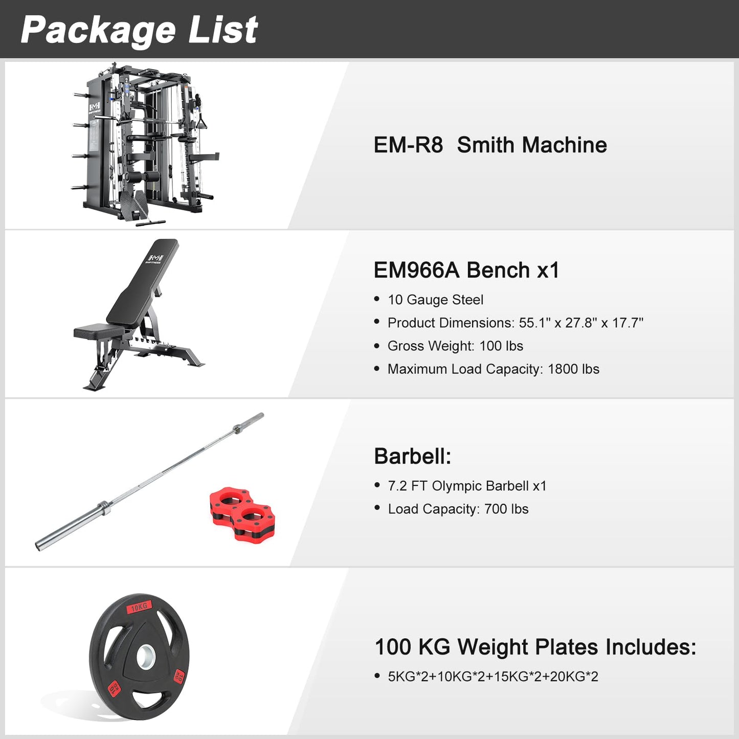 Strength Smith Machine Squat Rack Pull Up Bar Upper Body Strength Training Leg Developer Commercial Home Gym Strength Training (R8 PRO Package 4) (R8 with BP 220 LBS+Bench)