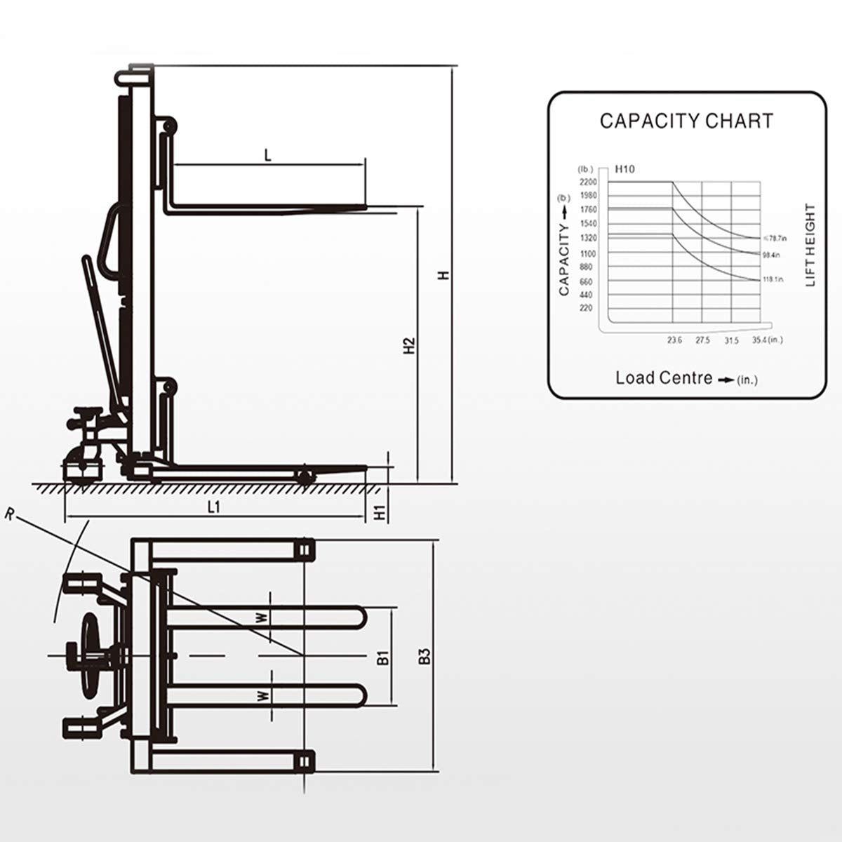 DAZONE Manual Forklifts & Pallet Stackers, Hand Pump Operated Lift Trucks Easy Lifting of Lighter Loads 2200LBs in Small Warehouses/Light Industrial Environments MAX 63" Lift Height