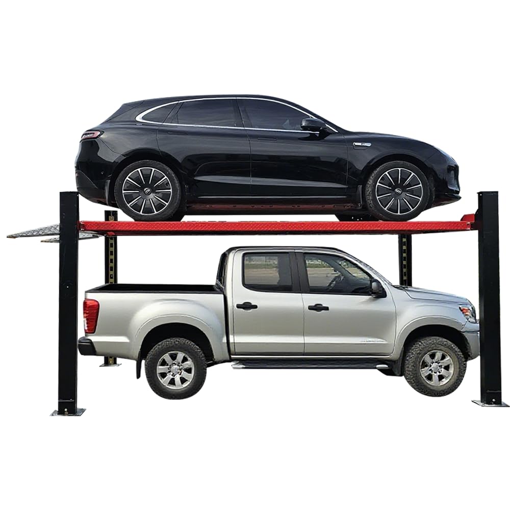 KT-4H950 3.0 HP Heavy Duty with Oil Tray, Jack Tray 84.5'' lifting Height 4 Post Car Lift Auto Parking Lift Aluminous Ramp with Casters