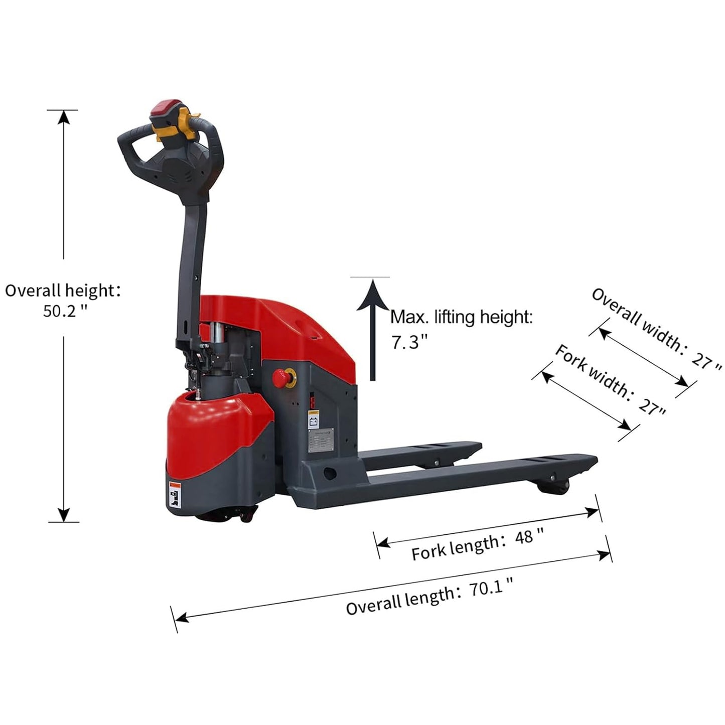 Tory Carrier Electric Pallet Jack - Truck Power Battery 3300lb Capacity 48x27 Forks Long Battery Life, New Version Handle Used in Warehousing and Handling-Red
