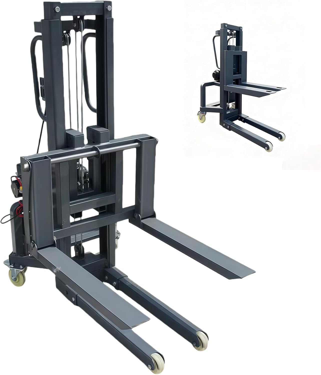 Electric Pallet Stacker Forklift, 661lbs Capacity, Adjustable Forks, 1.6m Lift Height, Manual Pallet Truck Dolly for Industrial Warehouse, Heavy-Duty Material Handling Gray 1.2m Lifting Height