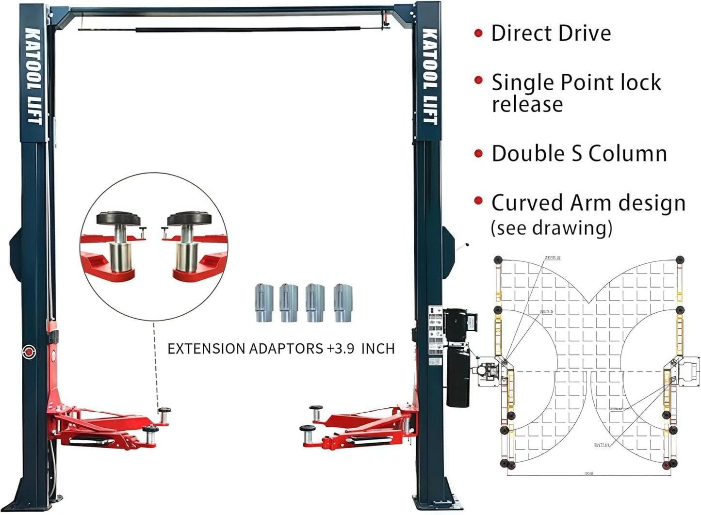 11000 Lbs 2 Post Lift Single Point Lock Release Direct Drive (no Chain) Car Lift with Asymmetry 3+2 Arm with 3.0HP Bucher Pump KT-AS110D Auto Lift Two Post Lift (Black)
