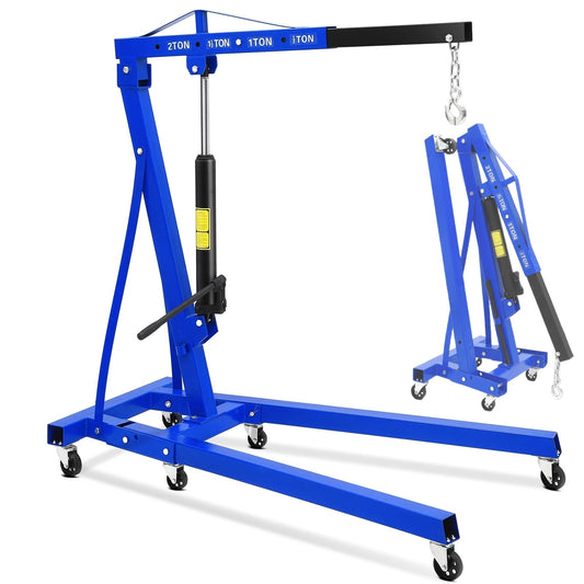 Hydraulic Engine Hoist, 2-Ton Folding Portable Shop Crane Lift, 4400 Lbs Capacity with Telescopic Boom and 6 Casters, Foldable Mobile Cherry Picker for Garage Workshop Warehouse, Blue, Heavy-Duty