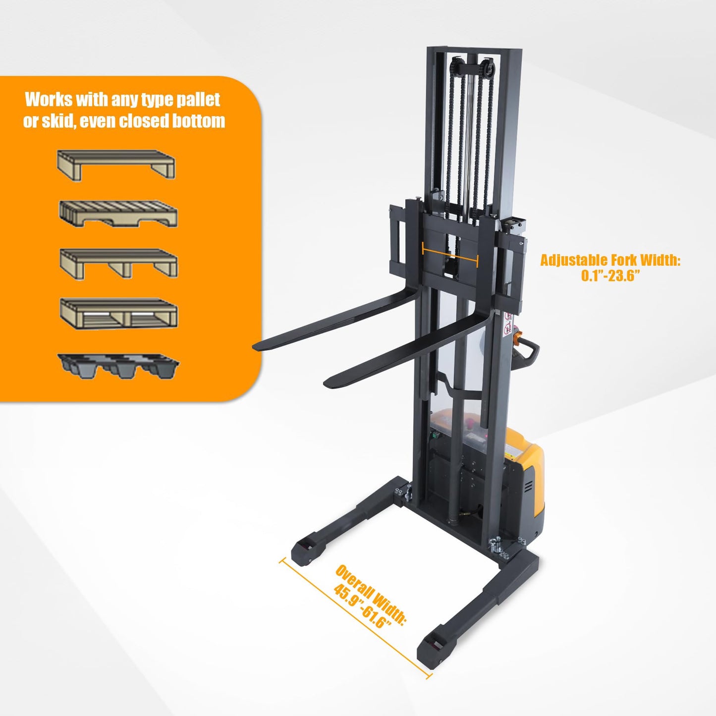 APOLLOLIFT Electric Walkie Stacker, 3300 lbs Capacity 130" Lift Height Powered Drive and Lift Electric Stacker, with Straddle Legs Adjustable Forks Material Lift