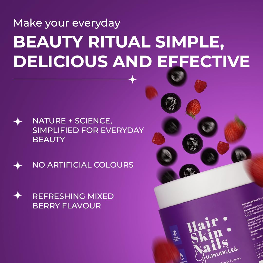 The Wellness Project 14-in-1 Hair, Skin & Nails Gummies with 10,000 mcg Biotin, Keratin, Hyaluronic & Folic Acid, Vitamins A, B5, B6 & B12 & Sea Buckthorn | for Women & Men | Tasty Mixed Berry Flavor