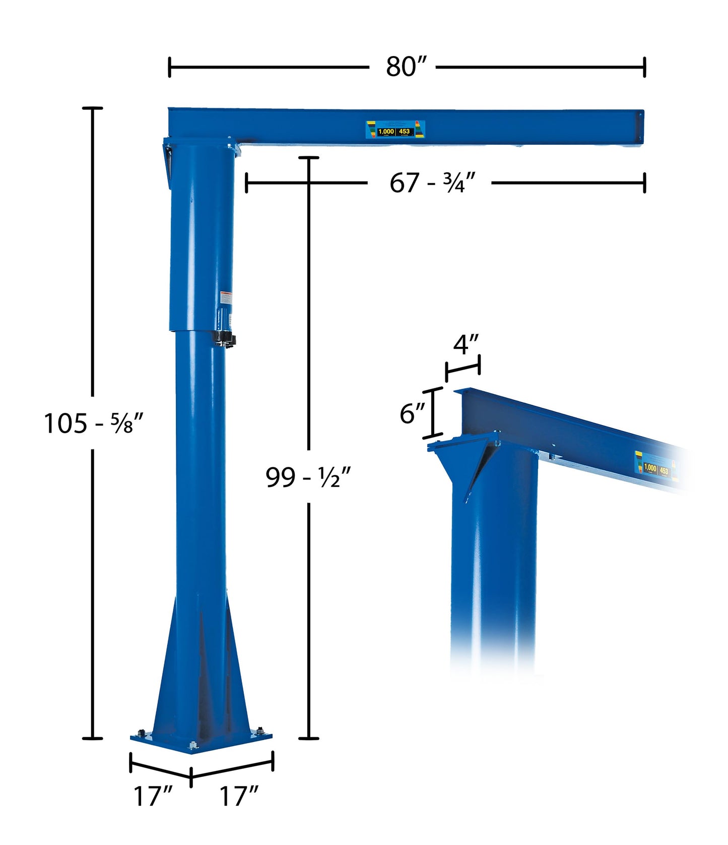 Vestil JIB-FM-10 Steel Floor Mounted Jib 80 in. I-Beam 1000 Lb. Capacity Blue
