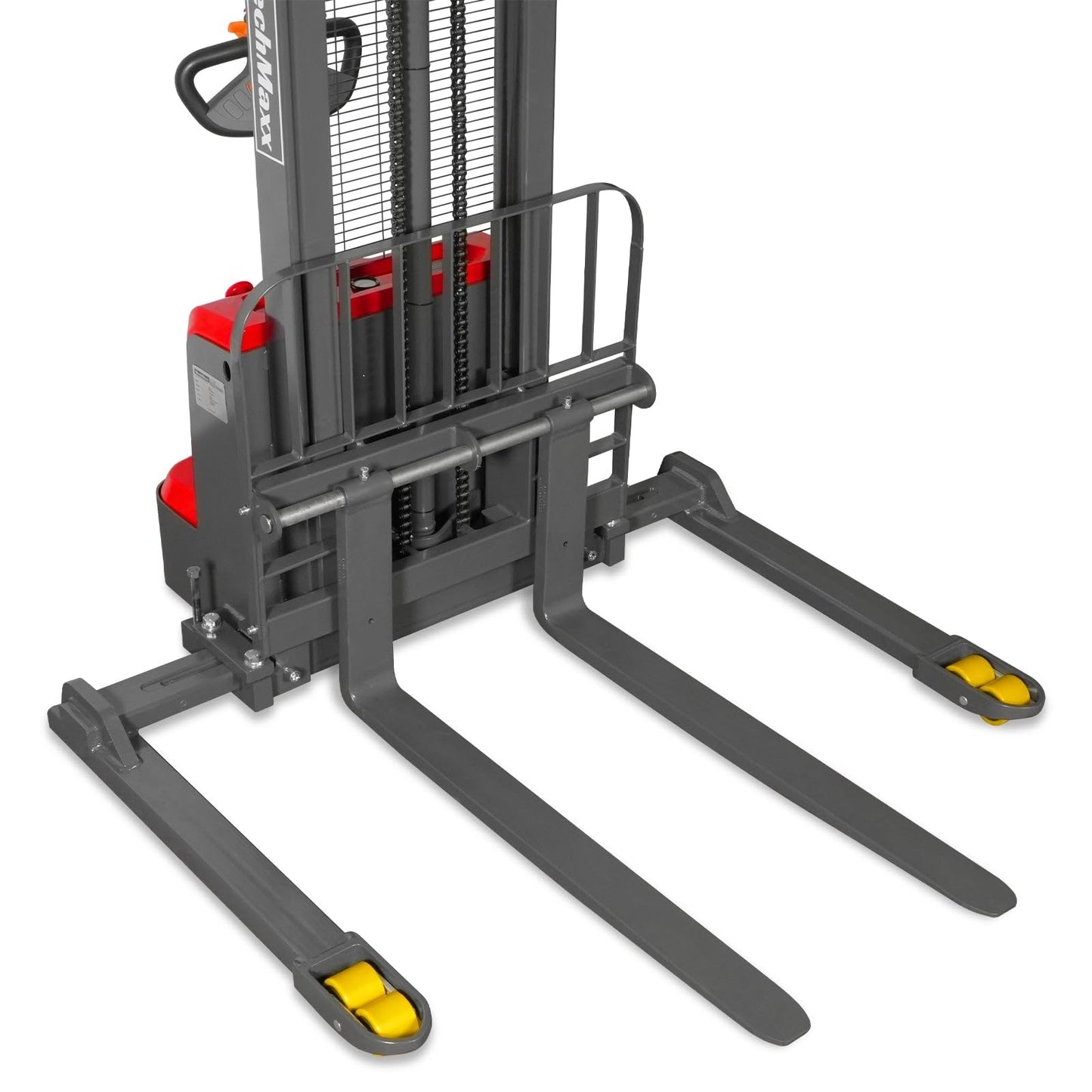 MechMaxx 3300lbs Electric Straddle Stacker with 24V/100Ah Maintenance-Free AGM Battery, 118" Lift, Adjustable Legs & Forks, Model F33-118SLA