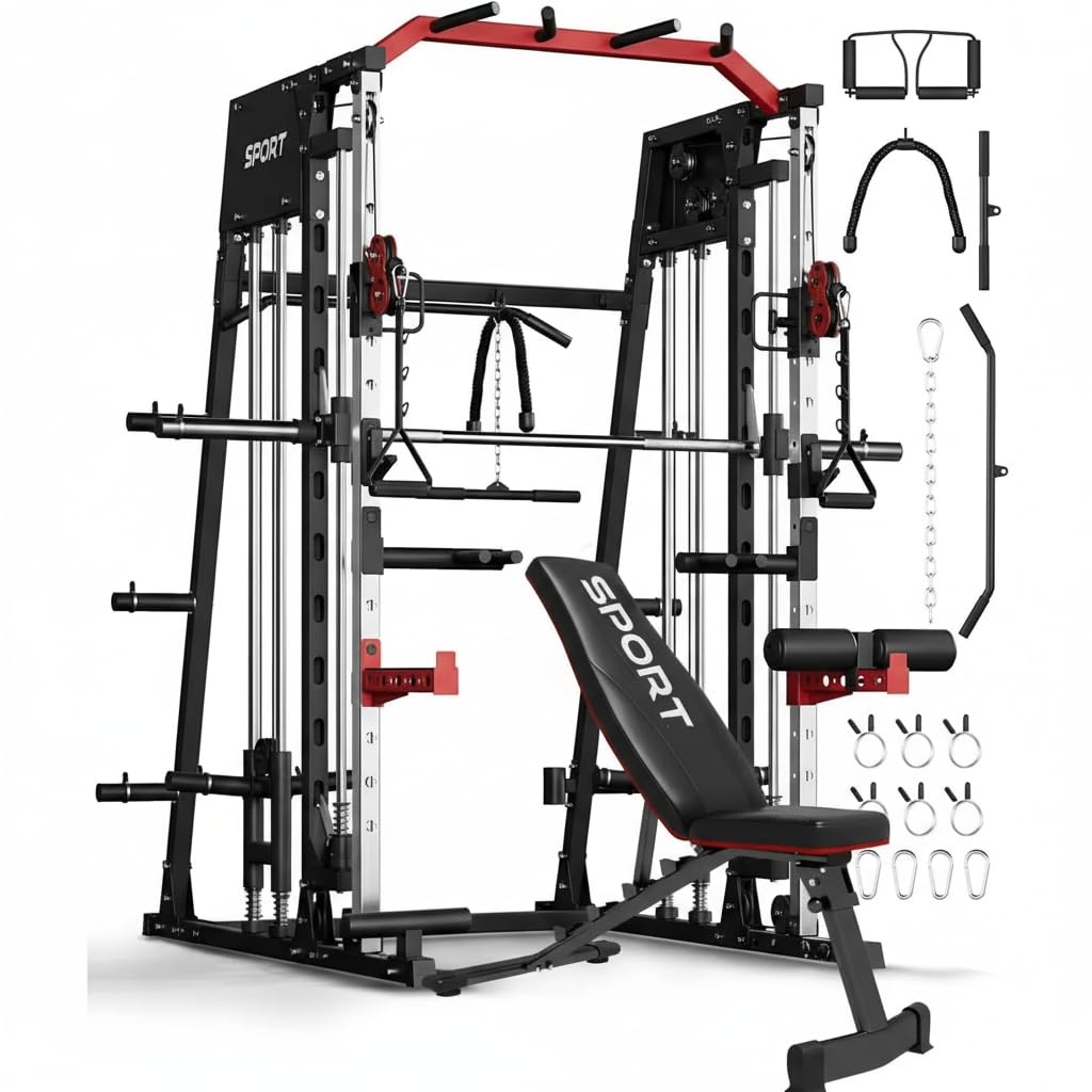 Smith Machines Home Gym with Bench,Squat Rack with Weight Bar, Dual LAT Pull-Down Systems & Cable Crossover Machine for Full-Body Workouts Training, Red & Black