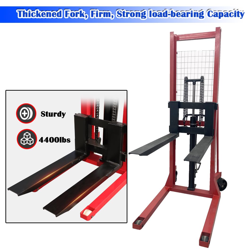 EQCOTWEA Manual Hydraulic Pallet Stacker 4400 LBS Capacity Pallet Truck 65" Lift Height Adjustable Forks Hand Hydraulic Stacker Fit to Pallets for Warehouse Lifting, Hoisting & Material Handling