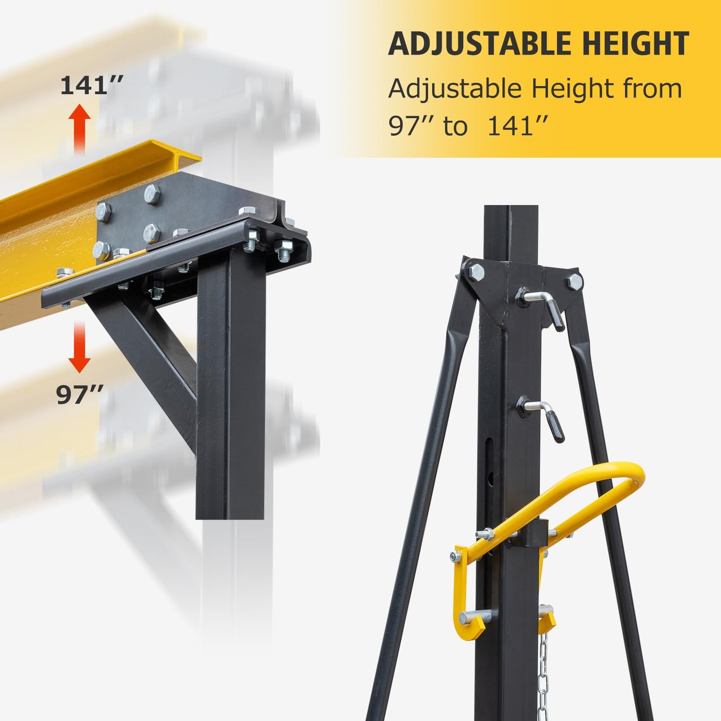 YardYonder Adjustable Gantry Crane - 1 Ton (2200 Lbs) Capacity Portable Hoist, 97" to 141" Height Range for Factories, Warehouses, Construction & Auto Repair