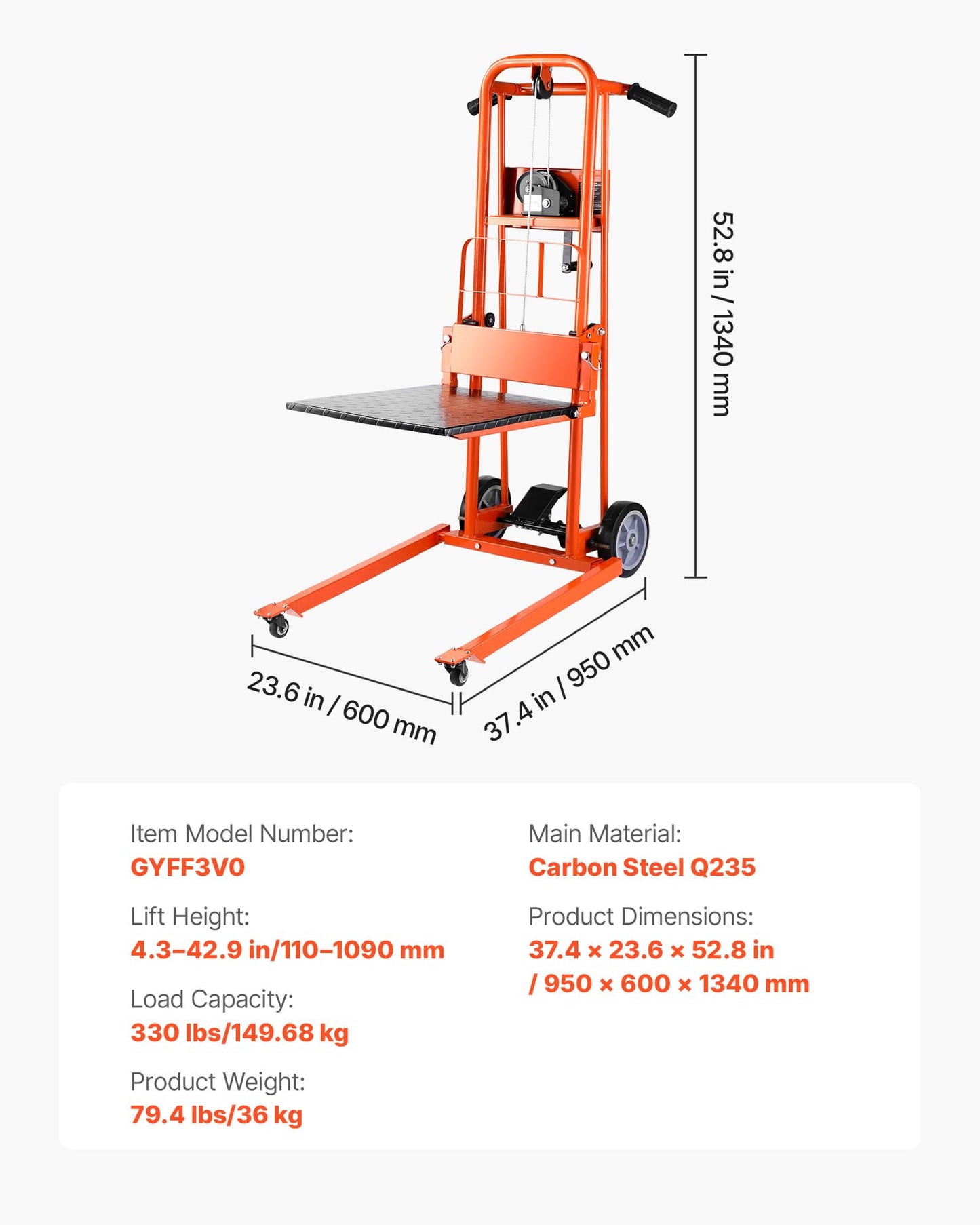 VEVOR Material Lift Winch Stacker, 330 lbs Capacity Hand Winch Lift Truck, 42.9 inch Lifting Height, Multifunctional Manual Pallet Truck Dolly with Swivel Casters & Lift Plate