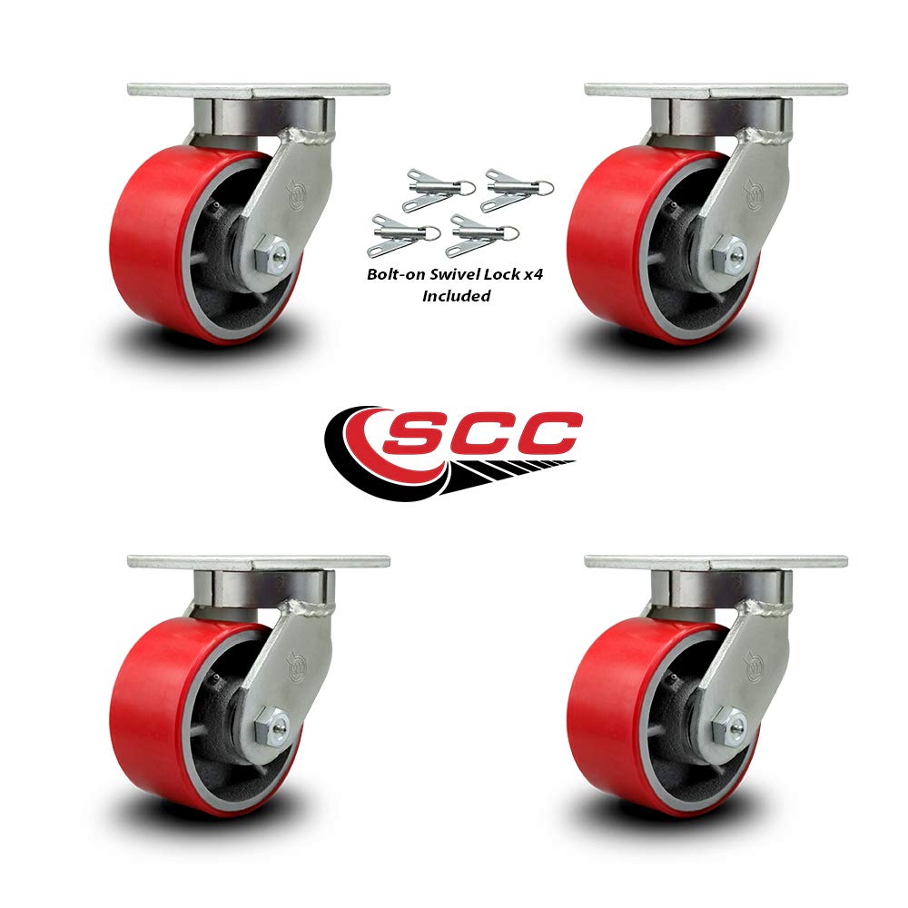 Extra Heavy Duty 6” x 3” Red Poly on Cast Iron Swivel Caster Set for Cranes, Gantries, Hoists, and Winches - 4 Swivel Casters with Bolt-On Locks -2,000 lbs Per Caster-Set of 4- Service Caster Brand