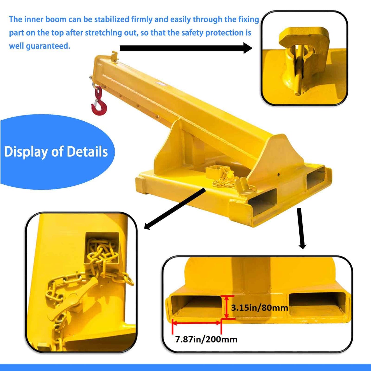 BEILOCKERY Adjustable Forklift Jib Boom Crane with Telescopic Arm,11000 lbs Heavy Duty Mobile Crane, Includes Truss Hoist and Hook for Industrial Lifting and Towing, Max Reach 96.5 Inches