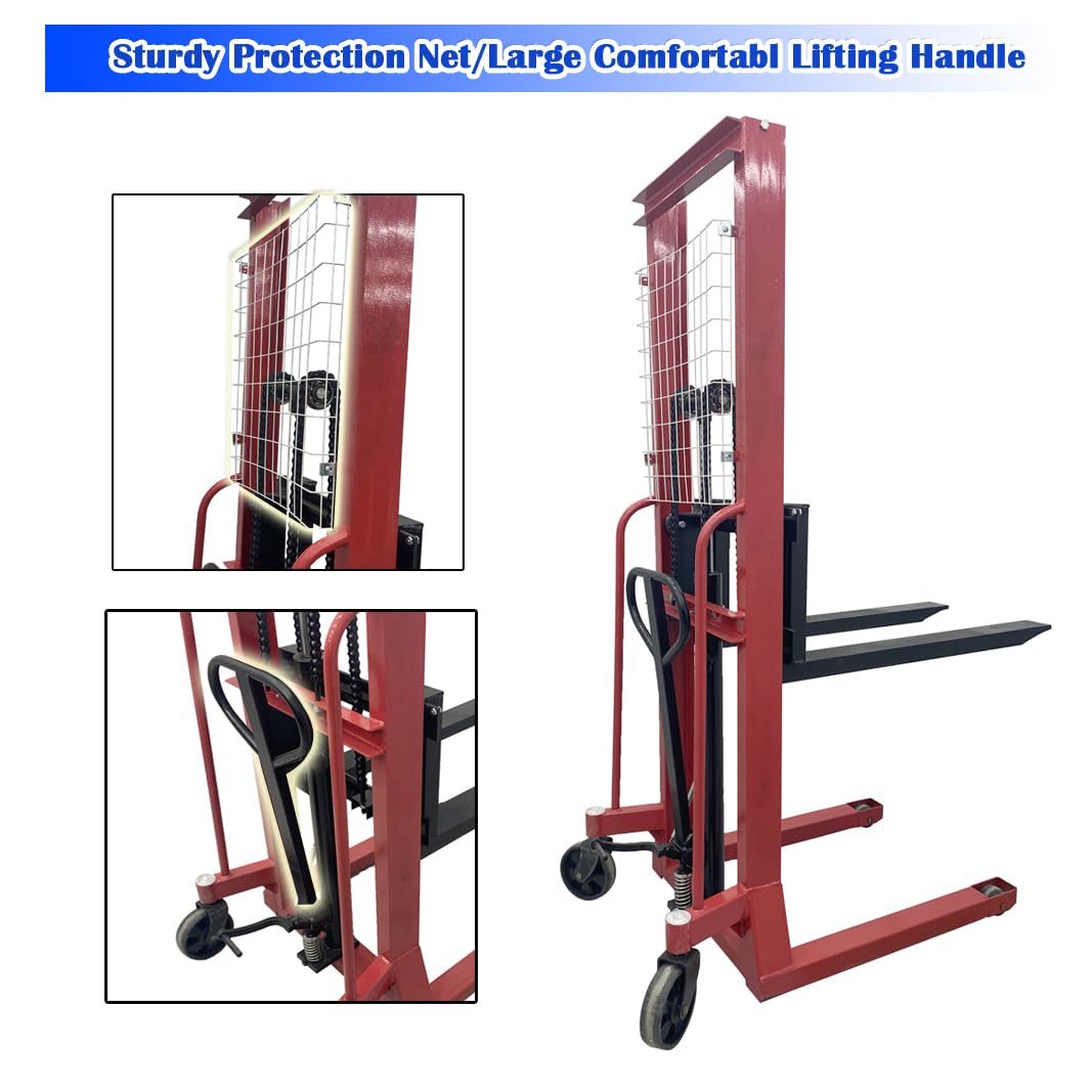 EQCOTWEA Manual Hydraulic Pallet Stacker 4400 LBS Capacity Pallet Truck 65" Lift Height Adjustable Forks Hand Hydraulic Stacker Fit to Pallets for Warehouse Lifting, Hoisting & Material Handling