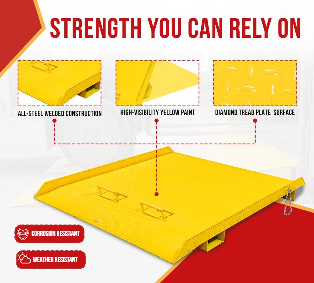 Mytee Products 84" x 96" Heavy Duty Shipping Container Ramp w/Fold-Down Loop Flips, Safety Chain & Pin - Forklift Compatible - 15,000 lbs - Spray Paint Coated Steel - Yellow