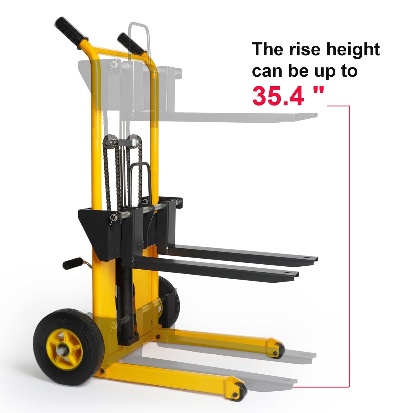 Carrier Material Hand Forklift Pallet Stacker, 440 lb. Capacity, 35 in. Lift Height with Adjustable Forks and Fixed Legs, Material Lifter, with Shelves