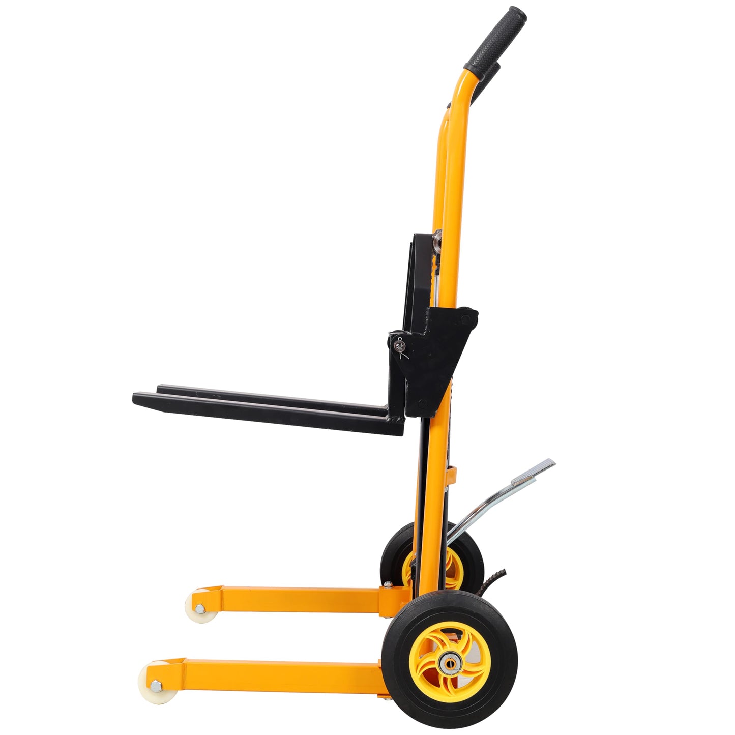 Manual Forklift Pallet Stakcer, Load Capacity 440 Lbs, Hydraulic Material Lift 35.5" Lift Height with Adjustable Forks and Fixed Legs Pallet Truck Dolly Stacker,4PCS Wheels. Yellow Color