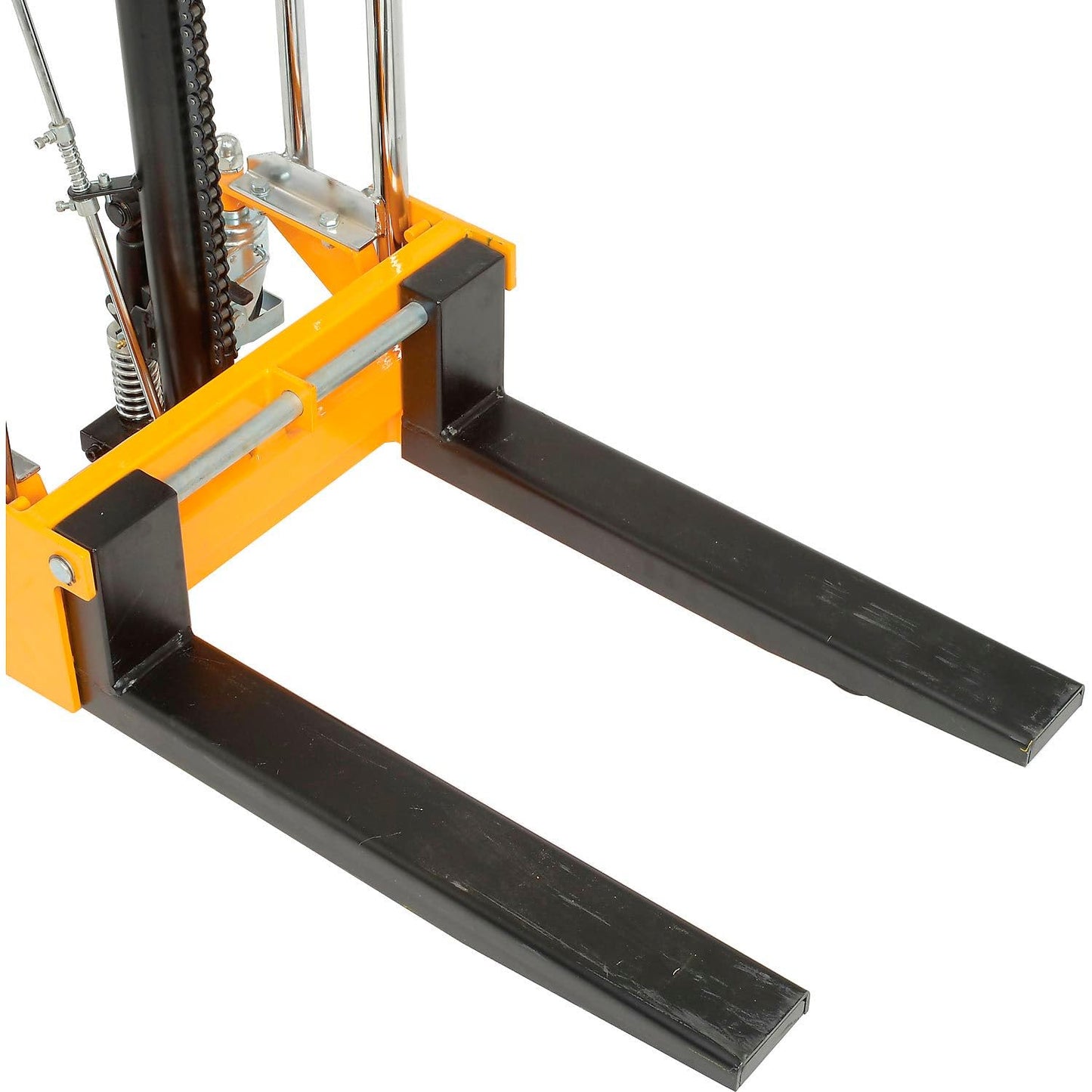Global Industrial Manual Lift Stacker, 3-1/2" to 59" Lift, Adjustable 8-1/2" to 19-1/2"W Forks, 880 Lb. Capacity, Foot-Operated Hydraulic Pump, Yellow Powder Coat Steel Frame
