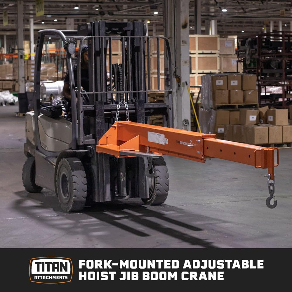 Titan Attachments Fork-Mounted Adjustable Hoist Jib Boom Crane, Manual Telescoping Boom Extends Up to 138", 6,600 LB Lift Capacity, Two Swivel Hooks, Adjustable Hook Points