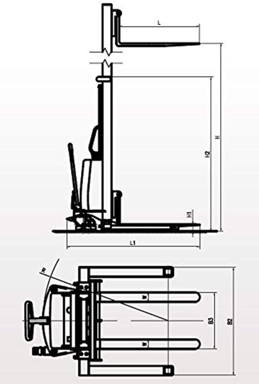 DoubleWin Semi-Electric Straddle Stacker Powered High Lift Pallet Stacker Forklift Truck with Adjustable Fork, 3300 lbs Capacity, 118" MAX Lifting Height, 42" Length X 8.3"-32.7" Adjustable Width Fork