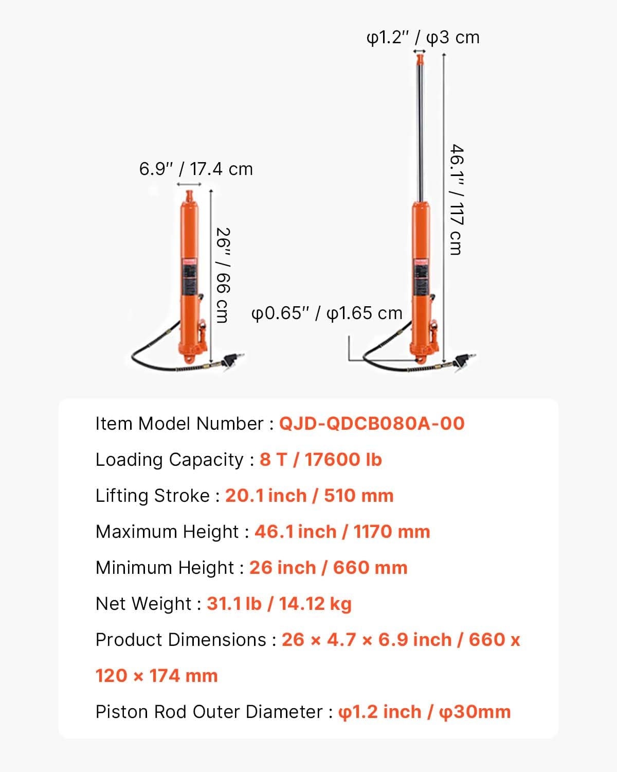 VEVOR 8-Ton Hydraulic Long Ram Jack, Engine Hoist Cylinder with Air Pump & Single Piston, Clevis Base Cylinder for Engine Lifts, Garage/Shop Cranes, Mechanical & Farm Applications