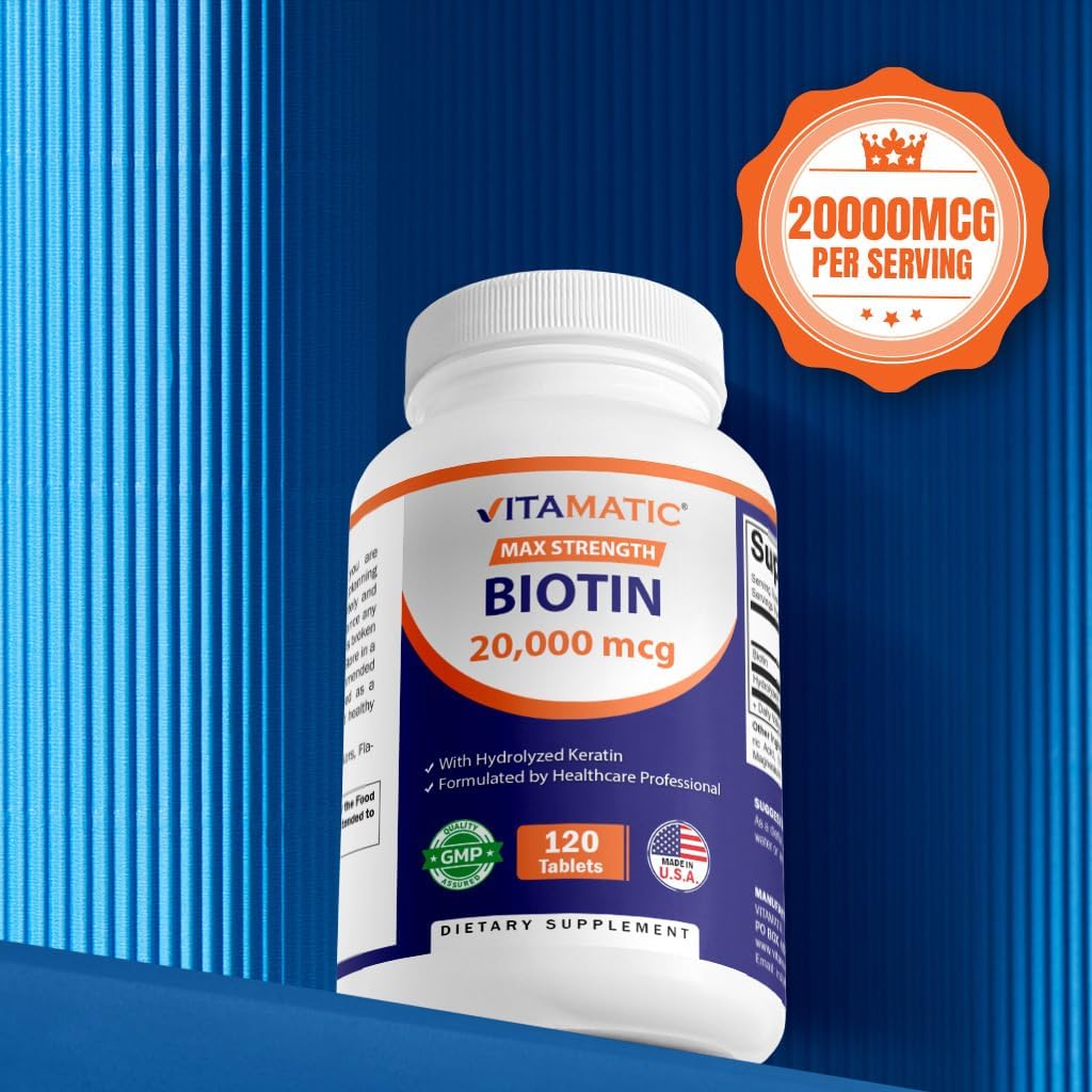 Vitamatic High Potency Biotin 20000 mcg (20mg) with Keratin 100mg - 120 Tablets - Biotin Supplements for Healthy Hair Skin & Nails for Adults (120 Count (Pack of 1))