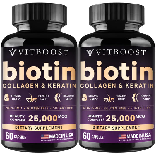 Vitboost Biotin with Hyaluronic Acid, Collagen and Keratin – 25000 mcg Hair Growth Vitamins for Men and Women – Nails and Skin, USA Made - Third Party Tested, B1, B2, B3, B6, B7 Complex - 120 Capsules
