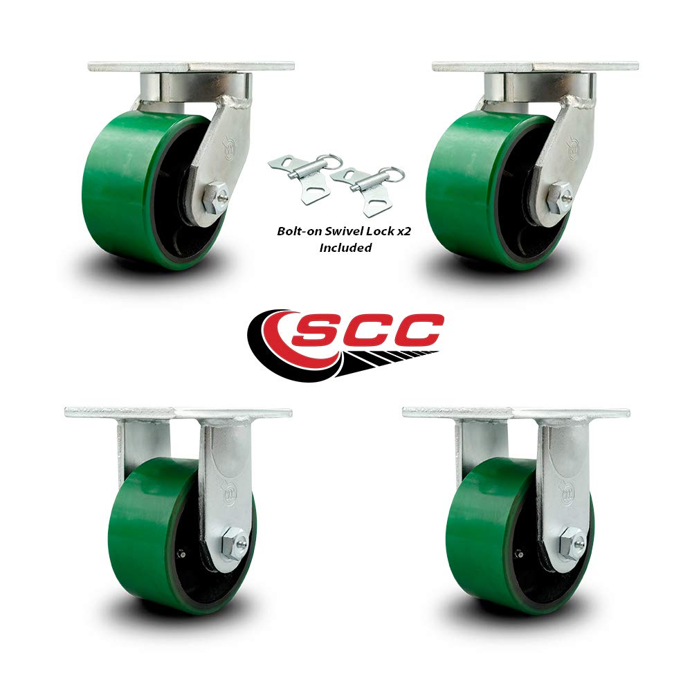 Extra Heavy Duty 6”x3” Green Poly on Cast Iron Swivel Caster Set for Cranes,Gantries,Hoists,and Winches-2 Swivel with Bolt-On Locks and 2 Rigid -2,000 lbs Per Caster-Set of 4 - Service Caster Brand