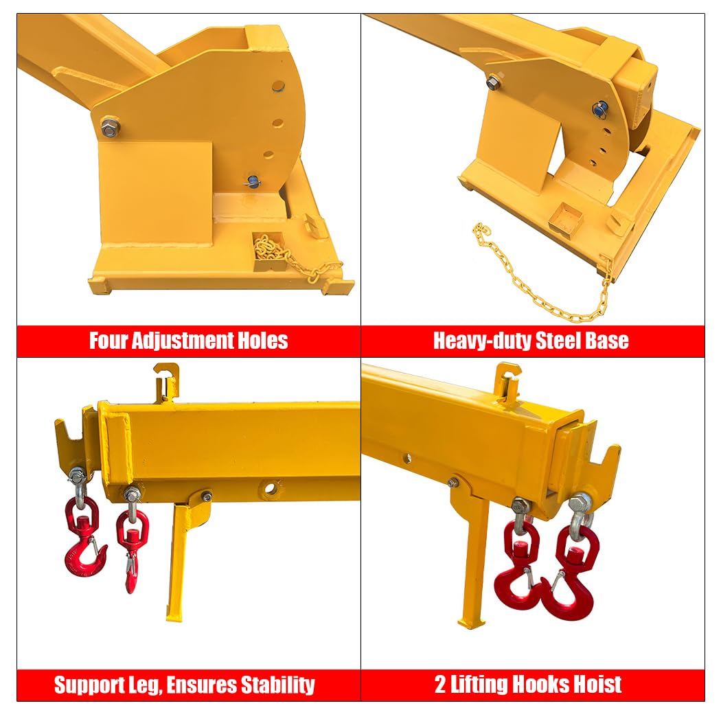 EQCOTWEA 3-Ton Forklift Jib Boom Crane Attachment, Adjustable 0-75° Tilt Angle Forklift Telescopic Arm, 7-12ft Telescopic Arm, 2 Hooks, Compatible with Forklifts & Material Handling Equipment
