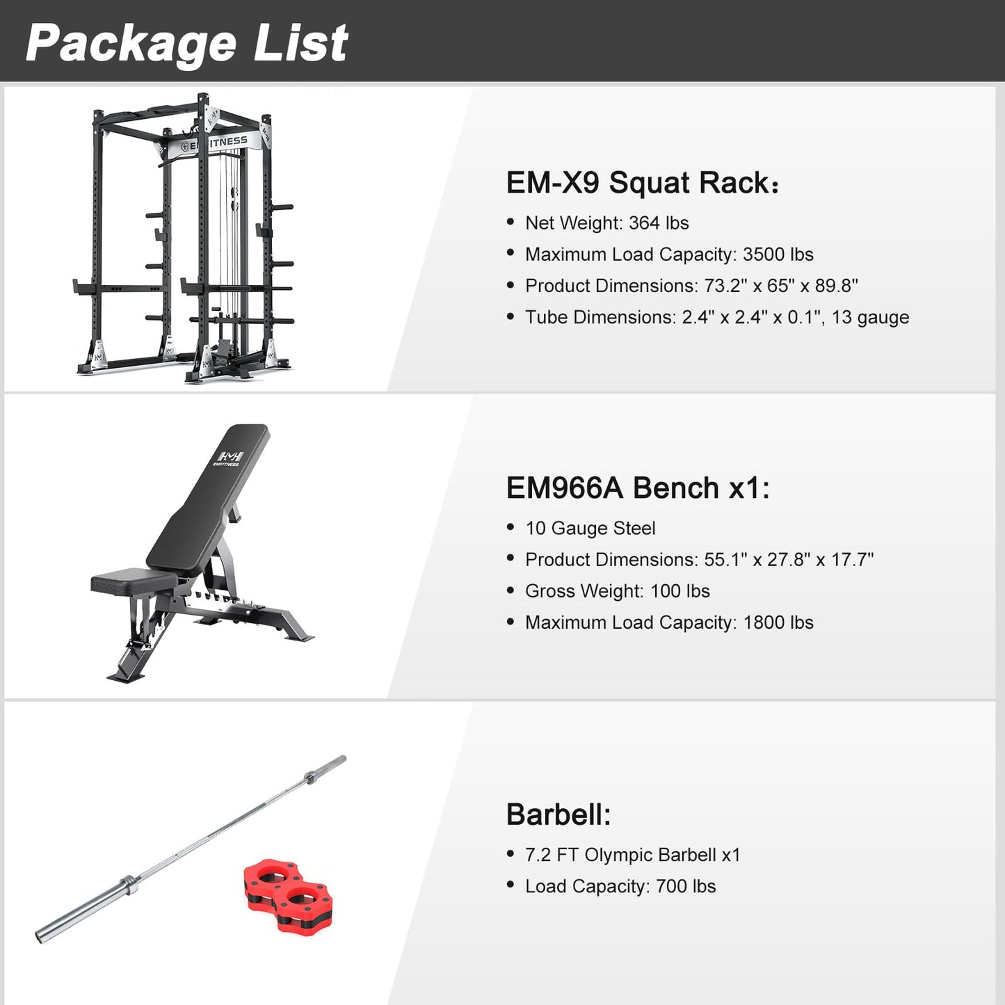 JZOPIDL X9 Power Cage with Adjustable Bench/Olympic Barbell/Cable Crossover/Smith Machine System, 3500LB Squat Rack for Home & Garage Gym, with Weight Storage Rack and Training Attachments