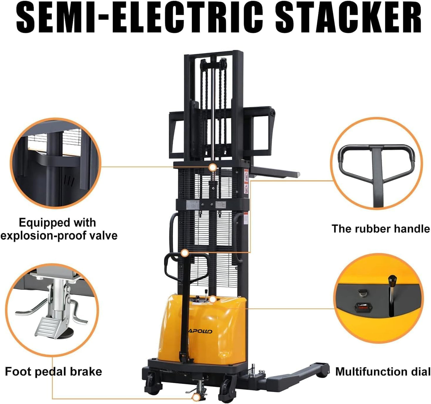 Apollo Semi-Electric Pallet Stacker - Material Lifter with Fixed Legs and Adjustable Forks, 3300lbs Capacity, 118" Lifting Height, Suitable for Open Bottom Pallets