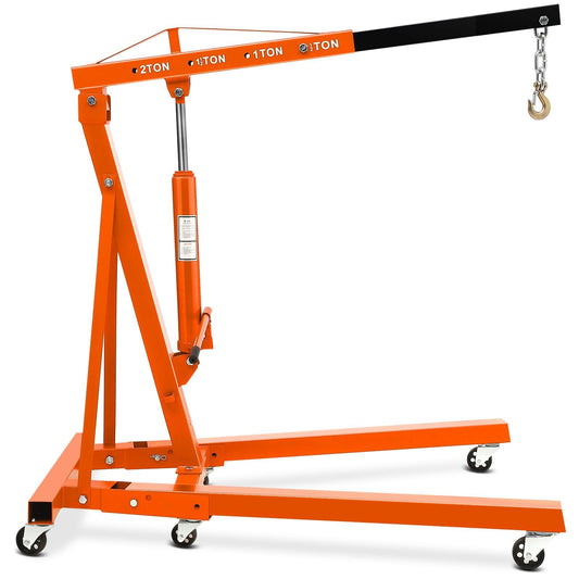 Hydraulic Engine Hoist, 2-Ton Folding Portable Shop Crane Lift, 4400 Lbs Capacity with Telescopic Boom and 6 Casters, Foldable Mobile Cherry Picker for Garage Workshop Warehouse, Orange, Heavy-Duty