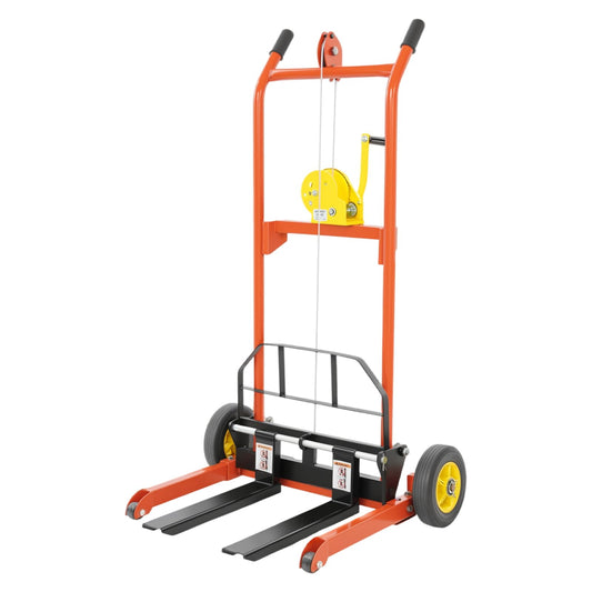 Hydraulic Material Lift Stacker, Heavy-Duty Adjustable Fork Pallet Truck, 330 lbs Capacity Manual Material Lifter with Crank Handle, Portable Steel Lift Stacker for Warehouse, Garage, and Workshop Use