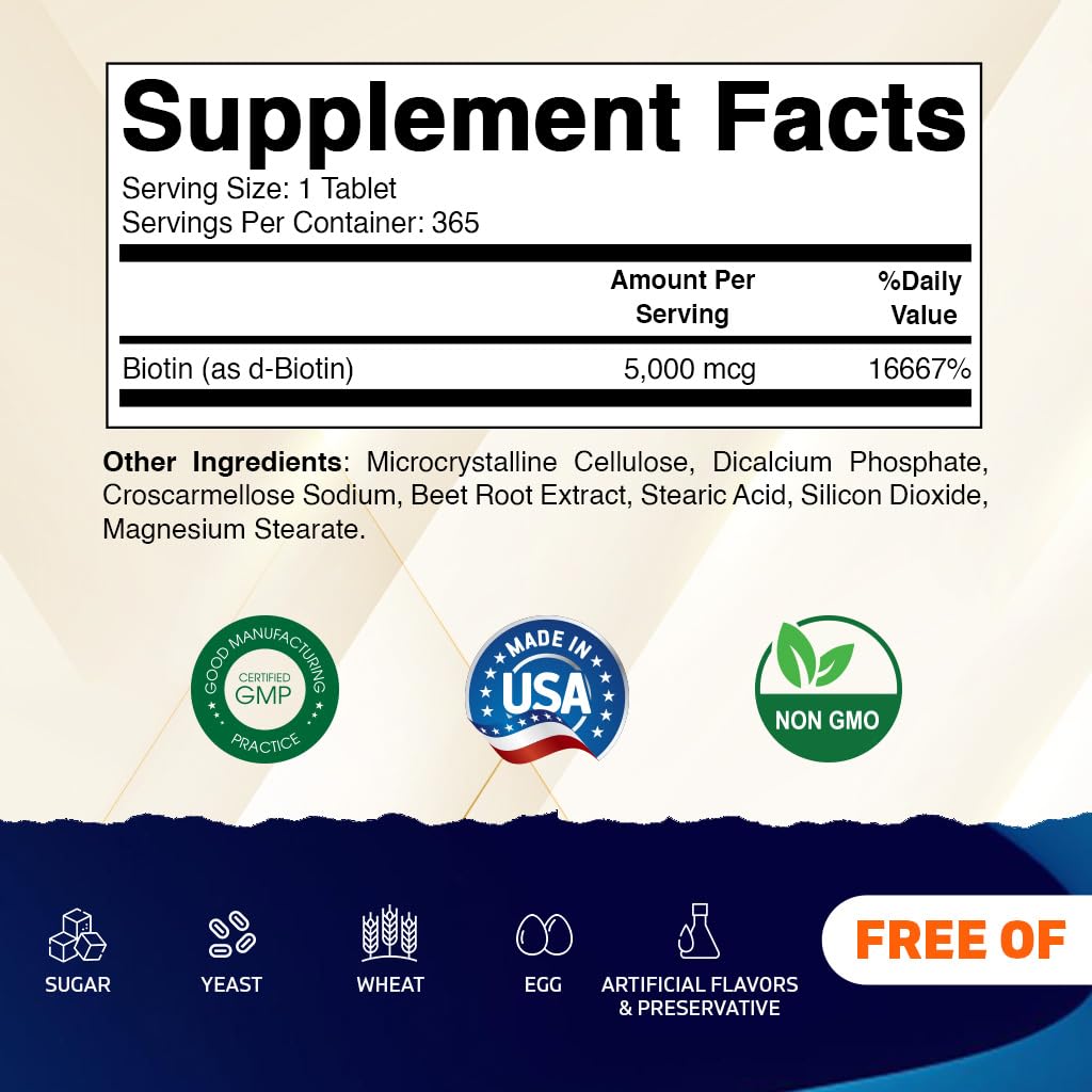 Vitamatic Biotin 5000mcg (5 mg) for Stronger Hair, Skin & Nails - 365 Vegan Tablets- Also Called Vitamin B7
