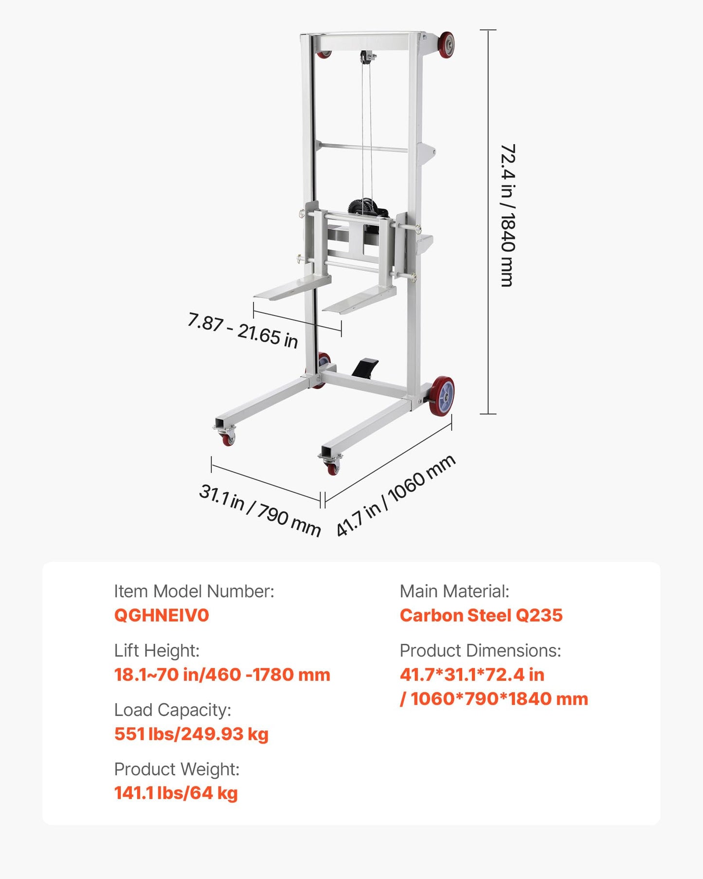 VEVOR Material Lift Winch Stacker, 551 lbs Capacity, Heavy Duty Pallet Truck Dolly with Adjustable Forks & 6-Wheel System, 70 inch Max Lifting Height, Industrial Manual Pallet Truck Dolly