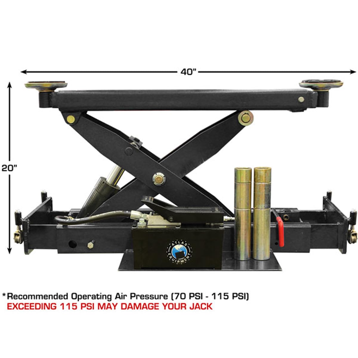 ATLAS Automotive Equipment RJ8000BK Rolling Bridge Jack, 8,000lb. Capacity, Air Hydraulic Operated, 70-115 PSI, Compact Size, Low Profile, Multiple Safety Lock Positions, 4 Piece Truck Adapters