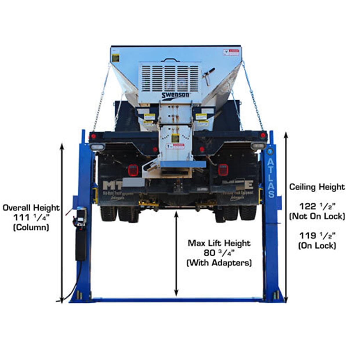 Atlas Automotive Equipment BP12000X 2-Post Commercial Grade Vehicle Lift, Baseplate, Open-top Style, 10’4” Minimum Ceiling Height, 12,000lb Capacity, 3-Stage Symmetric Arms, For Low Ceiling Garage Use